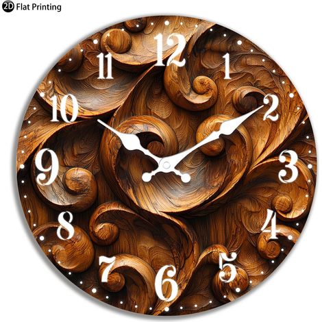 Horloge murale silencieuse en bois (10 pouces) avec motif de feuilles sculptées en spirale, horloge analogique à quartz, convient aux cuisines et aux maisons (1/5)