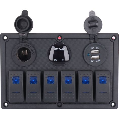 Panneau à 6 interrupteurs à bascule avec voltmètre numérique LED et ports USB étanches IP65 pour voitures, motos, yachts et bateaux 12 V-24 V (1/5)