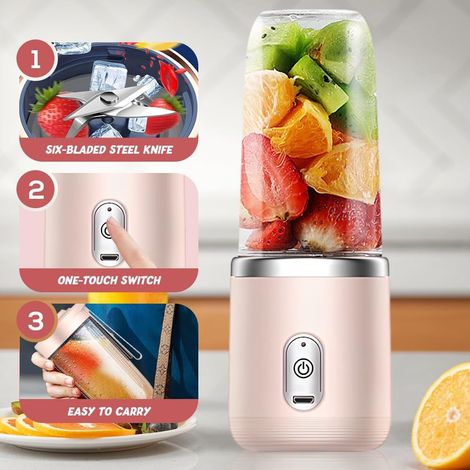 Frullatore portatile, 400 ml, con bicchiere di riserva, ricaricabile tramite USB, piccolo frullatore da viaggio con 6 lame, mini frullatore per frullati, succhi, smoothie (rosa) (1/4)