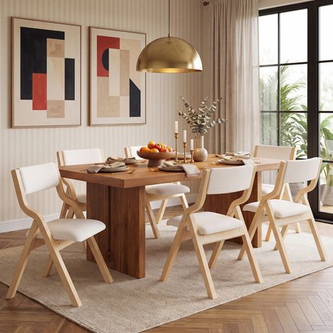 Juego de 6 sillas de comedor plegables, con asiento acolchado, tapizado de lino, madera maciza beige (1/5)