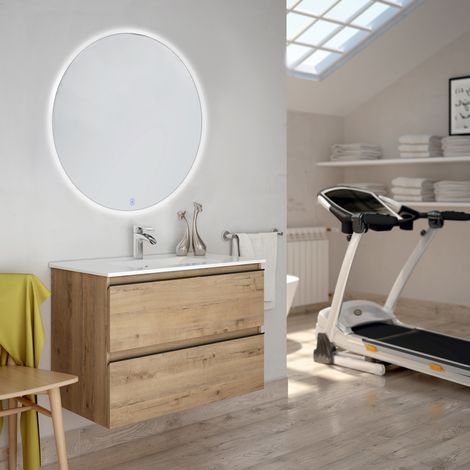 Meuble de salle de bain simple vasque - 2 tiroirs - TOURA et miroir rond Led SOLEN - 80cm (1/4)