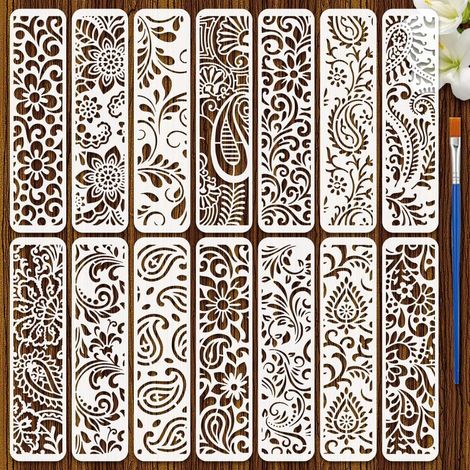 14Pcs Pochoirs Boteh 7.5x30cm Pochoirs Floraux Boteh Vintage Modèles de Dessin Style Persan Pet Avec Un Pinceau pour Peinture sur Murs Meubles en Bois DIY Décoration de Maison (1/5)