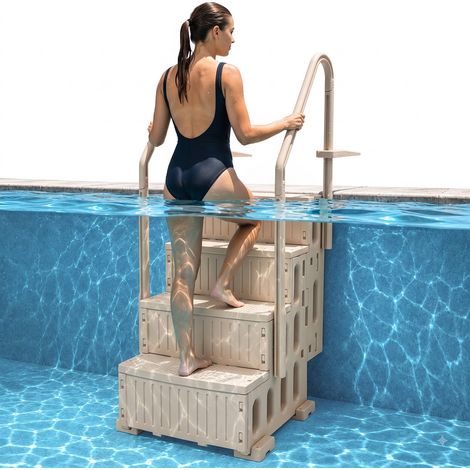 Schwimmbadleiter, 4-stufige Treppe mit Doppelhandlauf und rutschfesten Hochleistungsstufen, maximale Tragkraft 181 kg, für 122–137 cm große Pools mit jeder Terrassenoberfläche, Taupe (1/5)