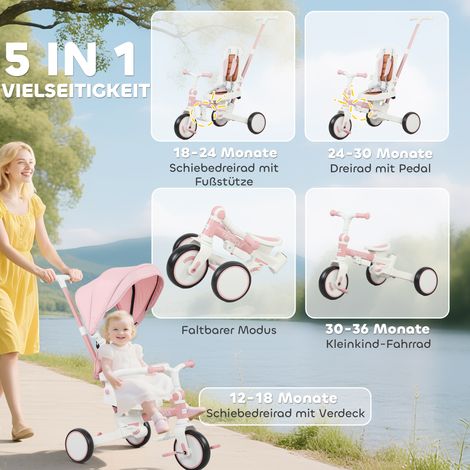 Tricycle évolutif bébé convertible en poussette, modèle 5 en 1, guidon poussoir ajustable et amovible, harnais de sécurité, coffre de rangement, 1-3 ans, rose