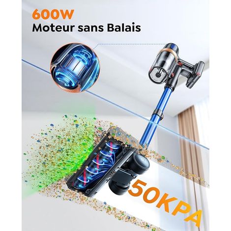 Aspirateur sans fil, 600 W 50 kPa, aspirateur balai avec écran tactile, jusqu'à 65 minutes d'autonomie, aspirateur puissant sans fil avec support mural rechargeable, aspirateur léger pour parquet (1/3)