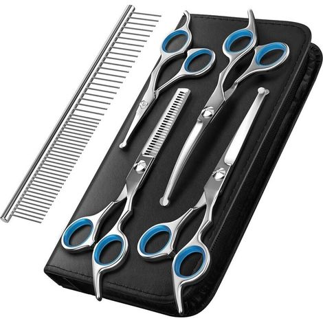 Dog grooming scissors, 5-piece titanium-coated stainless steel pet grooming tool set, thinning/straightening/curved shears and comb, blue-DPZO (1/5)