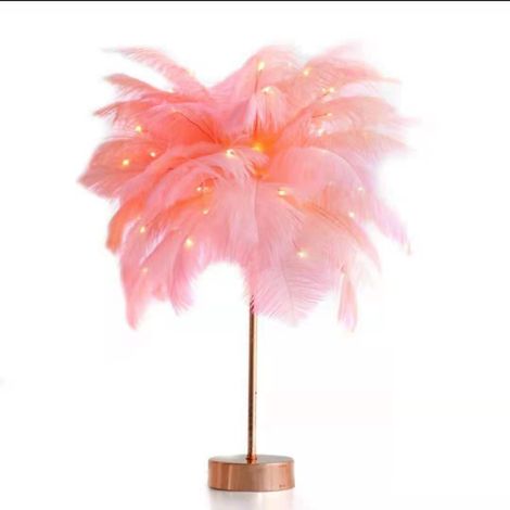 AGE Lampe de table décorative LED avec plume d'autruche avec télécommande pour chambre d'enfant, USB et alimentation par batterie (rose) (1/5)