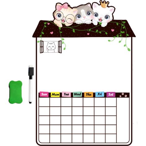 Tableau blanc magnétique pour réfrigérateur, en PVC souple à forte adhérence, avec stylo et gomme, motif chat (38,5 x 41,1 cm / 15,2 x 16,2 pouces)