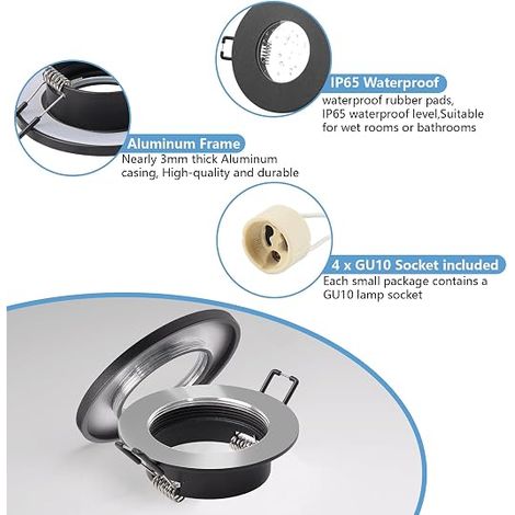 Spot Encastrable GU10 Aluminium Noir Support Spot Encastrable Cadre De Montage Avec Douille GU10 Rond Spot de Plafond 68mm LED Salle de bain 230V (1/3)