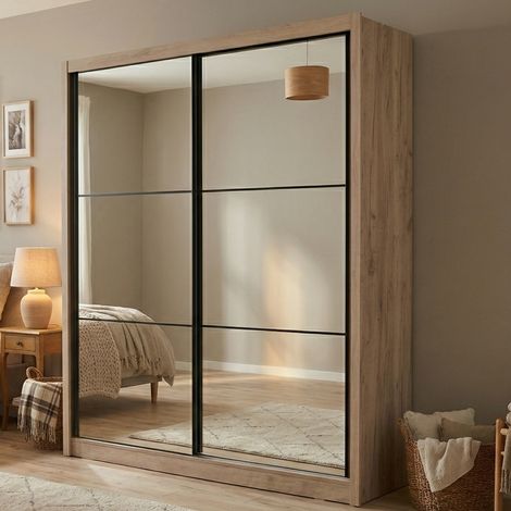 Großer Kleiderschrank Godrano, Schlafzimmer-Schrank, Kleiderstange, 5 Regale, Schiebetür, 213x215,5 cm, Braun-Grau Eiche (1/5)