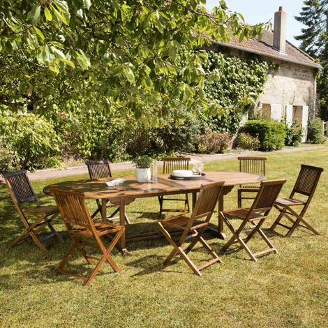 MAEVA - Ensemble de jardin bois teck huilé table ovale + 8 chaises (1/5)