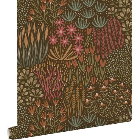 papier peint feuilles et fleurs vert et terracotta - ESTAhome (1/5)
