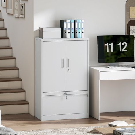 Armoire de bureau en acier avec étagère intérieure réglable et tiroir. 80 x 40 x 130 cm. Blanche.