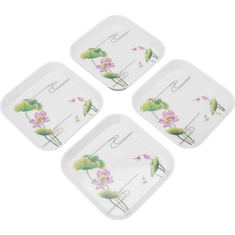 Ensemble de 4 assiettes à fruits et à dessert multifonctionnelles pour la maison, l'école et le restaurant. Plateau de rangement, plateau à os à rôtir, motif lotus. (1/5)
