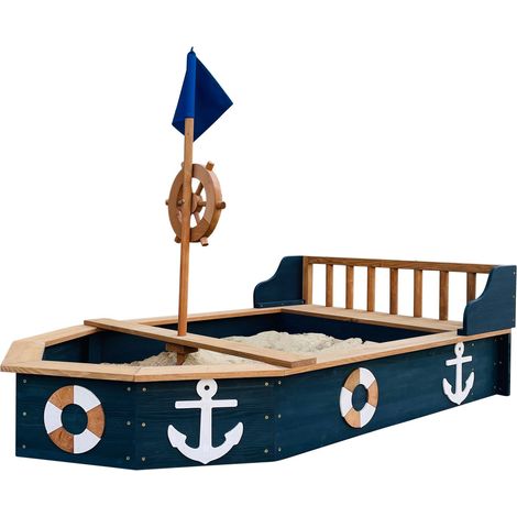 AXI – Bac à sable bateau en bois 153 x 90 x 100 cm – Avec gouvernail rotatif et toile de fond – Pour enfants à partir de 3 ans