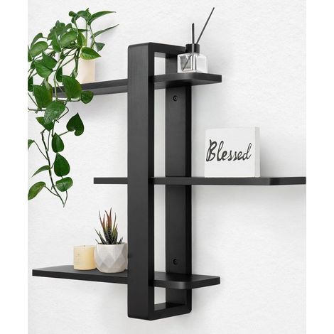 Étagère Murale Noire, Étagères Flottantes, Étagère Suspendue Plus Grande, Étagères Décoratives Pratiques à Trois Niveaux en Bois Massif pour Salon Chambre, Planches Amovibles, 50x58cm (1/5)