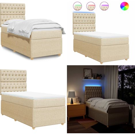 Cama box spring con colchón tela color crema 80x200 cm - Colchón de muelles ensacados - Cama con luz LED