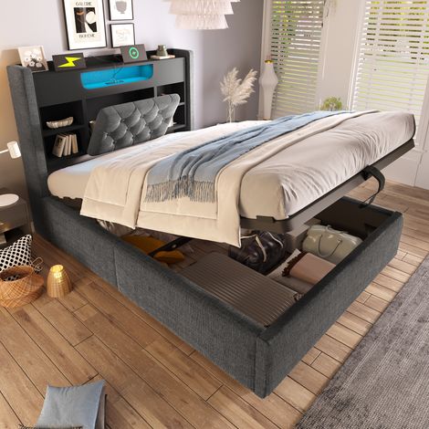 Lit coffre 90x200cm Lit simple avec rangement hydraulique,tête de lit avec étagères,LED,ports USB et USB-C,revêtement lin-gris (1/5)