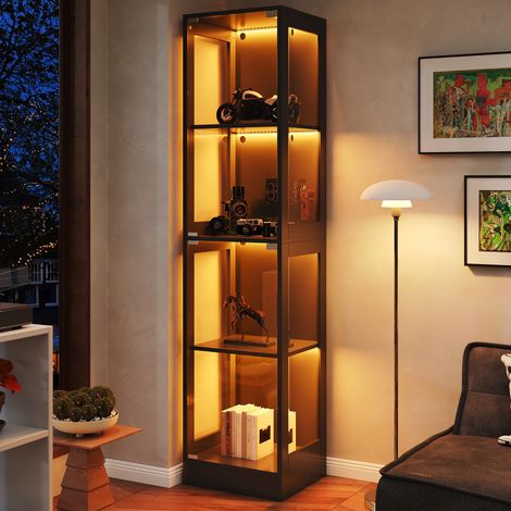 Vitrine aus MDF und Glas in Schwarz 40 x 35 x 170 cm, 4 Ebenen, LED-Beleuchtung per App
