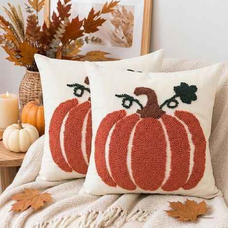 Lot de 2 housses de coussin décoratives touffetées et confortables en boucle touffetée pour canapé, style ferme, décoration d'automne, 45,7 x 45,7 cm, terre cuite (1/5)
