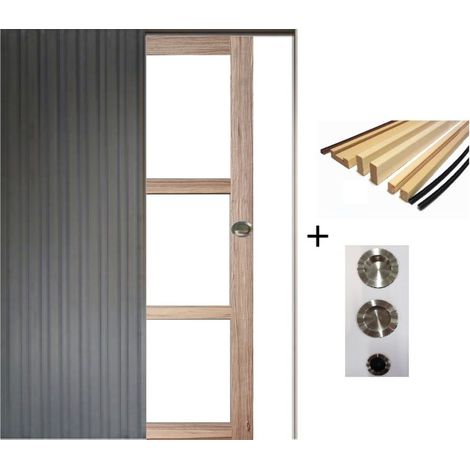 Porte Coulissante Bois Frake Vitrage Transparent H204 X L83 Cm, Galandage, Kit Finition (coquille Et Tire Doigt) Gd Menuiseries