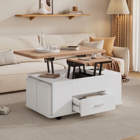 4-in-1 Hebepad Couchtisch Weiß und Holzdekor mit 4 Hockern, Schublade, Stauraum und Rollen, 100x50 cm (1/5)