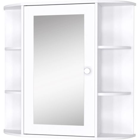 Wandmontierter Badezimmerspiegelschrank mit Stauraum, 1 Tür + Seitenablagen, Weiß