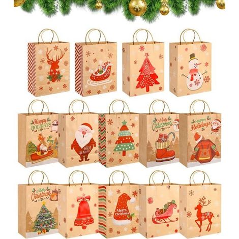 14 Pièces Sacs Cadeaux de Noël Kraft Pochette Cadeau Noel Sacs Cadeaux de Noël en Papier Kraft avec Poignées Pour Ranger Les (1/4)