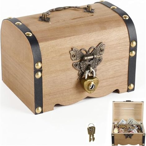 Coffre Trésor Vintage Bois Serrure 14.5x10x10cm Boîte Bijoux Boîte Rangement Accessoires Escape Game Stockage Décoration (1/5)