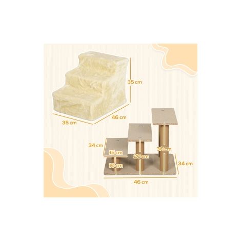 Escalier pour animaux beige à 3 marches de 35 cm avec revêtement aspect peluche et base stable pour lit, canapé et maison (1/5)
