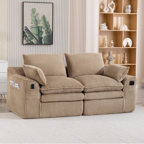 Divano 2 posti in corduroy khaki 191x94x85 cm con tasche laterali, cuscini e imbottitura a 3 strati con molle (1/5)