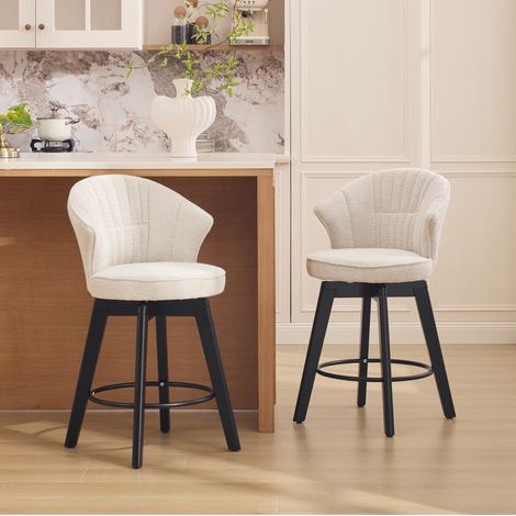 Lot de 2 tabourets de bar pivotants en chenille avec dossier et repose-pieds beige (1/5)