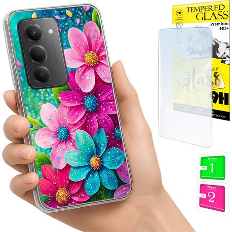 Custodia per Xiaomi Redmi 15 4G / 5G 169mm, cover posteriore con fiori e vetro. (1/5)