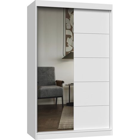 PAOLO - Armoire à 2 portes coulissantes blanc - 1 miroir - Largeur 120 cm - Dressing de chambre 2 portes (1/3)