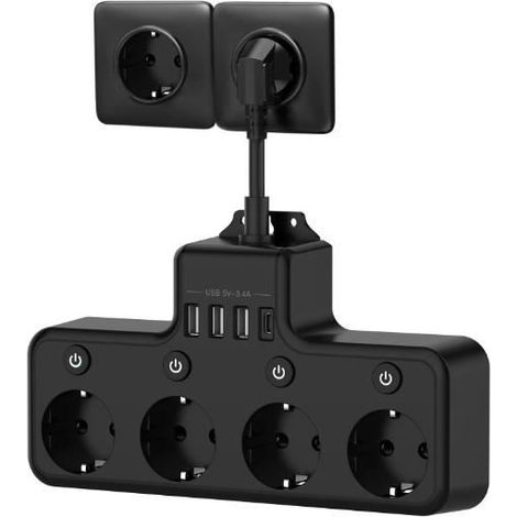 Multiprise Electrique - MARQUE - 4 Prises 4000W/16A - 4 Interrupteurs Individuels - 3USB-A&1USB-C Ports - Noir (1/4)
