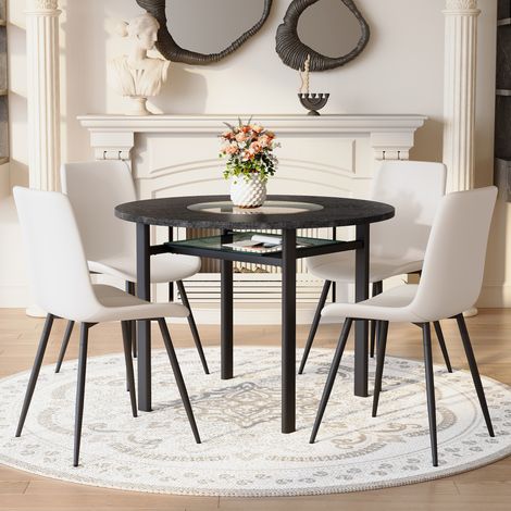 Conjunto de 5 Mesa y Sillas de Comedor, Mesa Redonda en MDF con Inserto de Vidrio, Marrón y Negro (1/5)
