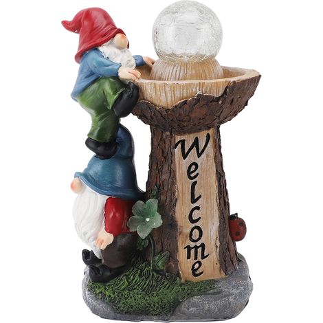 Ortviai Statue de Nain Décoratif en Résine avec Lampe Solaire et Boule Cristal Craquelée pour Jardin et Terrasse – 26 cm