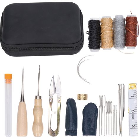 Kit 28 Pièces Outils Cuir Résistants 2 Poinçons 4 Fils Cirés 16 Aiguilles pour Tapis Manteau Matelas (1/5)