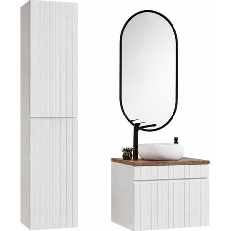 Set ICON bianco: mobile sottolavabo 60cm + lavabo da appoggio rotondo bianco + specchio LED ovale verticale + colonna