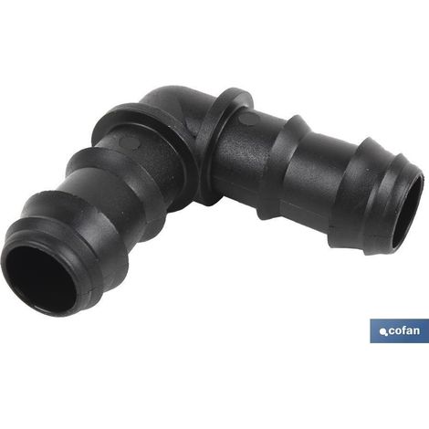 Conexión codo 90º para riego, diámetro 16mm, fácil montaje sin herramientas.