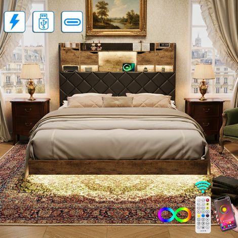 Letto matrimoniale 160x200 cm in legno massello, design sospeso, testiera con mensola e scomparto nascosto, illuminazione a LED, rete a doghe, struttura in metallo - Naturale