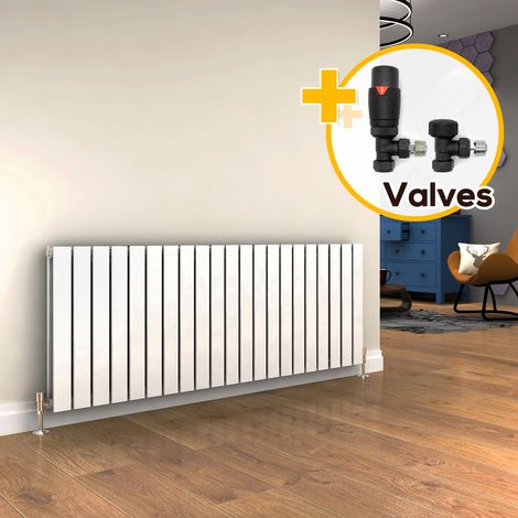 ELEGANT 600 x 1596 mm Horizontal Designer Radiator White Double Flat Panel Radiators + Anthracite Thermostatic Radiator Valves (1/5)