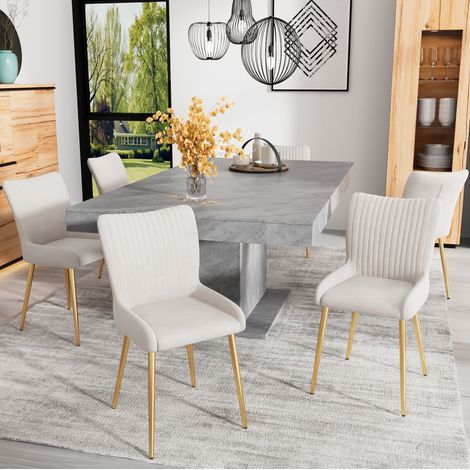 Set aus 6 Esszimmerstühlen 47x58x85 cm aus beigem Samt, stabil für Wohnzimmer – MEUBLIV (1/5)