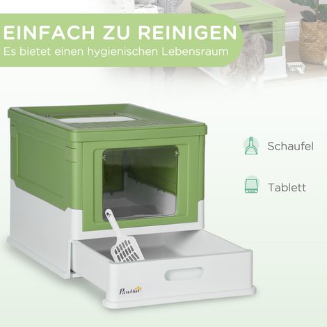 Faltbare Katzentoilette mit 2 Türen und Schaufel, 47,5 x 35,5 x 36,7 cm, weiß und grün. (1/5)
