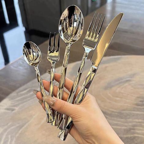 Service de table western 5 pièces - Couteau à steak, fourchette et cuillère - Vaisselle polie brillante - Ensemble de couverts - Argent - Acier inoxydable