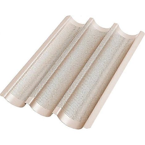 Moule à baguette antiadhésif pour four 38,5 cm x 28,5 cm x 3,5 cm, plaque à pain perforée pour la cuisson - facile à utiliser et à nettoyer (doré) (1/5)