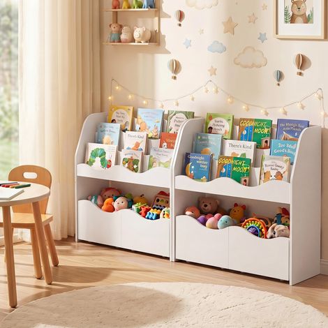 Organiseur de rangement en bois pour jouets avec 2 tiroirs roulants pour chambre d'enfant - blanc (1/5)