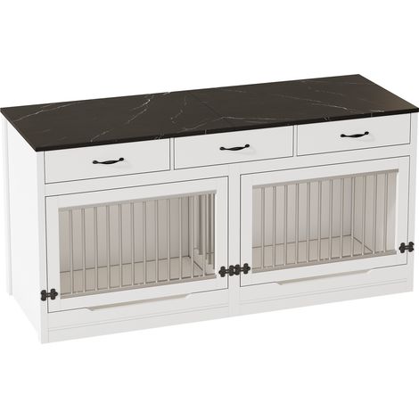 Cage pour chien en bois et métal, niche intérieure pour 2 chiens, avec fermeture à serrure, porte relevable, cloison amovible, 3 tiroirs, blanc et noir, grande taille, 164×60×81 cm (1/5)