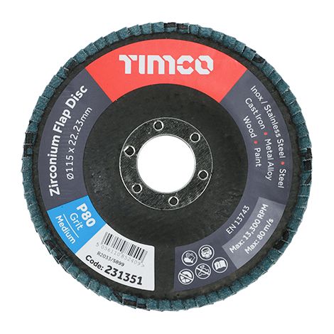 TIMCO Flap Disc Zirconium Type 29 Conical P80 Grit - 115 x 22.23