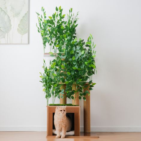 Arbre à chat en forme de sapin de 158 cm de haut - avec 1 niche pour chat et 3 plateformes - feuilles amovibles - MDF - vert